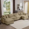 Modern Corduroy Upholstered 4 Seater Sofa With 3 Footstools - Tan - Image 12