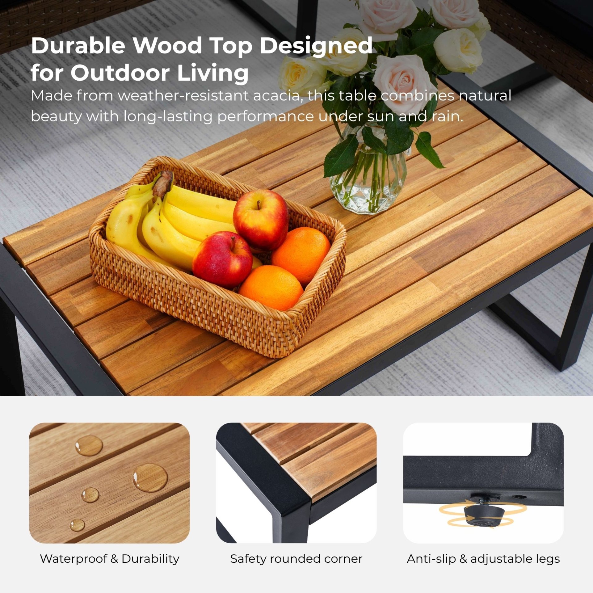 4 Piece Patio Furniture Set Outdoor Balcony Porch Garden Backyard Lawn Furniture Acacia Wood Table Top, Morden - Black And Light Brown - Image 6