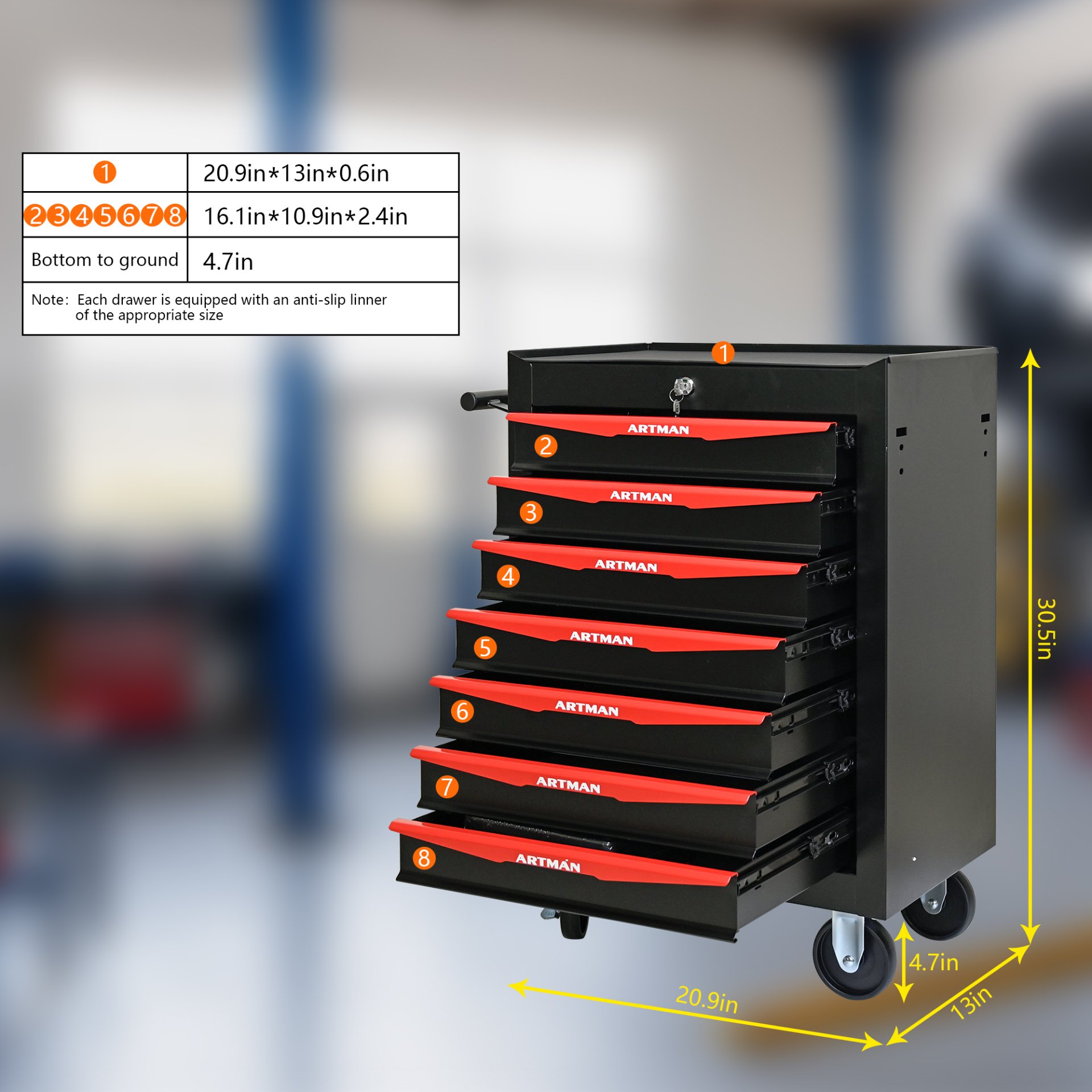 Rolling Metal Tool Chest With 7 Drawers, Steel Storage Cabinet With Ball Bearing Slides - Black / Red - Image 3