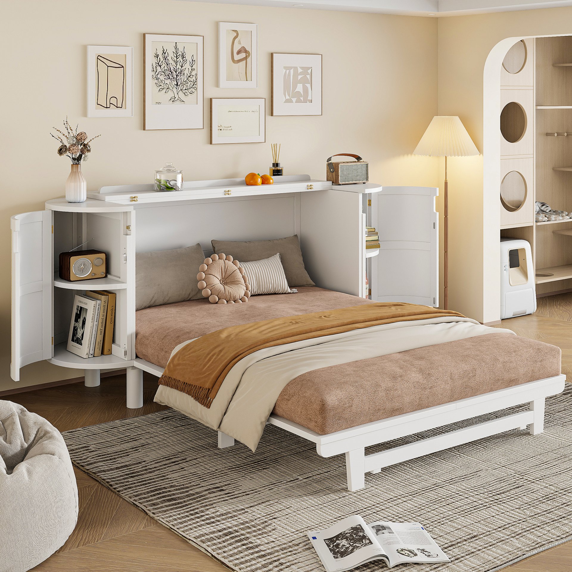 Queen Murphy Bed With Hidden Storage & Modern Woven Design - White - Image 2