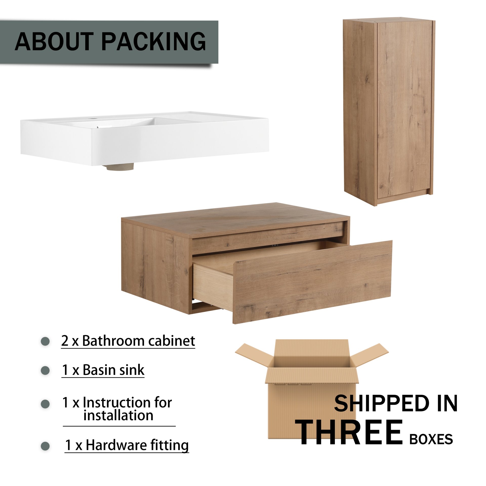 Modern Wall Mounted Bathroom Vanity With Resin Sink And Side Cabinet, Soft Close Drawer, Imitative - Imitative Oak - Image 4