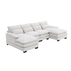 Modern U-Shaped Sectional Sofa With Waist Pillows, 6 Seat Upholstered Symmetrical Sofa Furniture, Sleeper Sofa Couch With Chaise Lounge - White