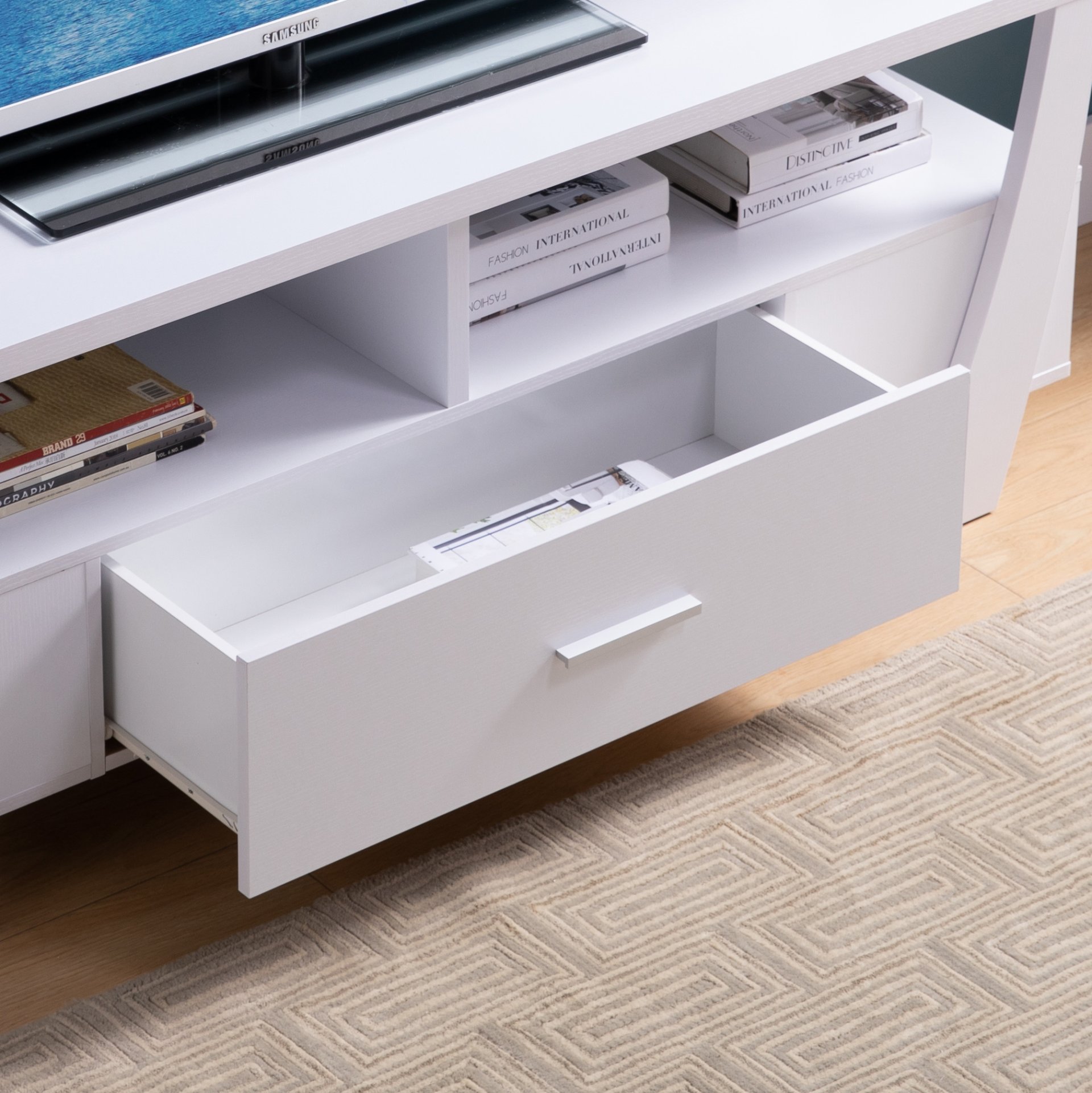 Contemporary TV Stand With Four Shelves And One Drawer - White - Image 2