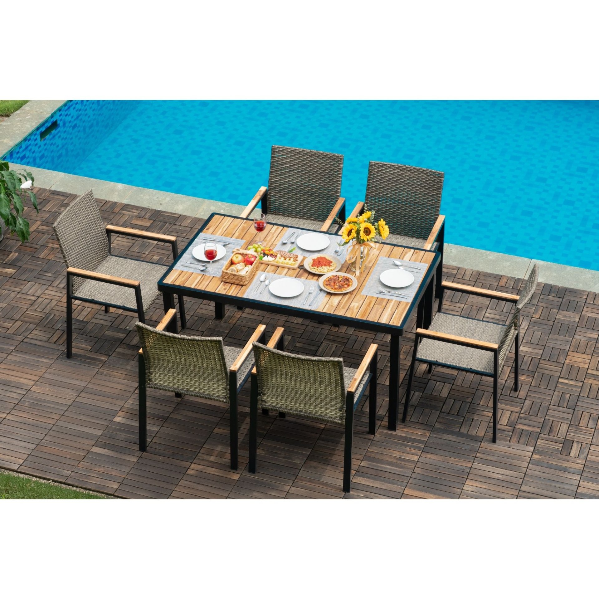 All Weather 7 Piece Patio Dining Table Set With Umbrella Hole - Brown / Gray - Image 9