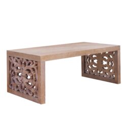 Rustic Carved Wood Coffee Table, Handcrafted Look With Ornate Side Panels - Natural