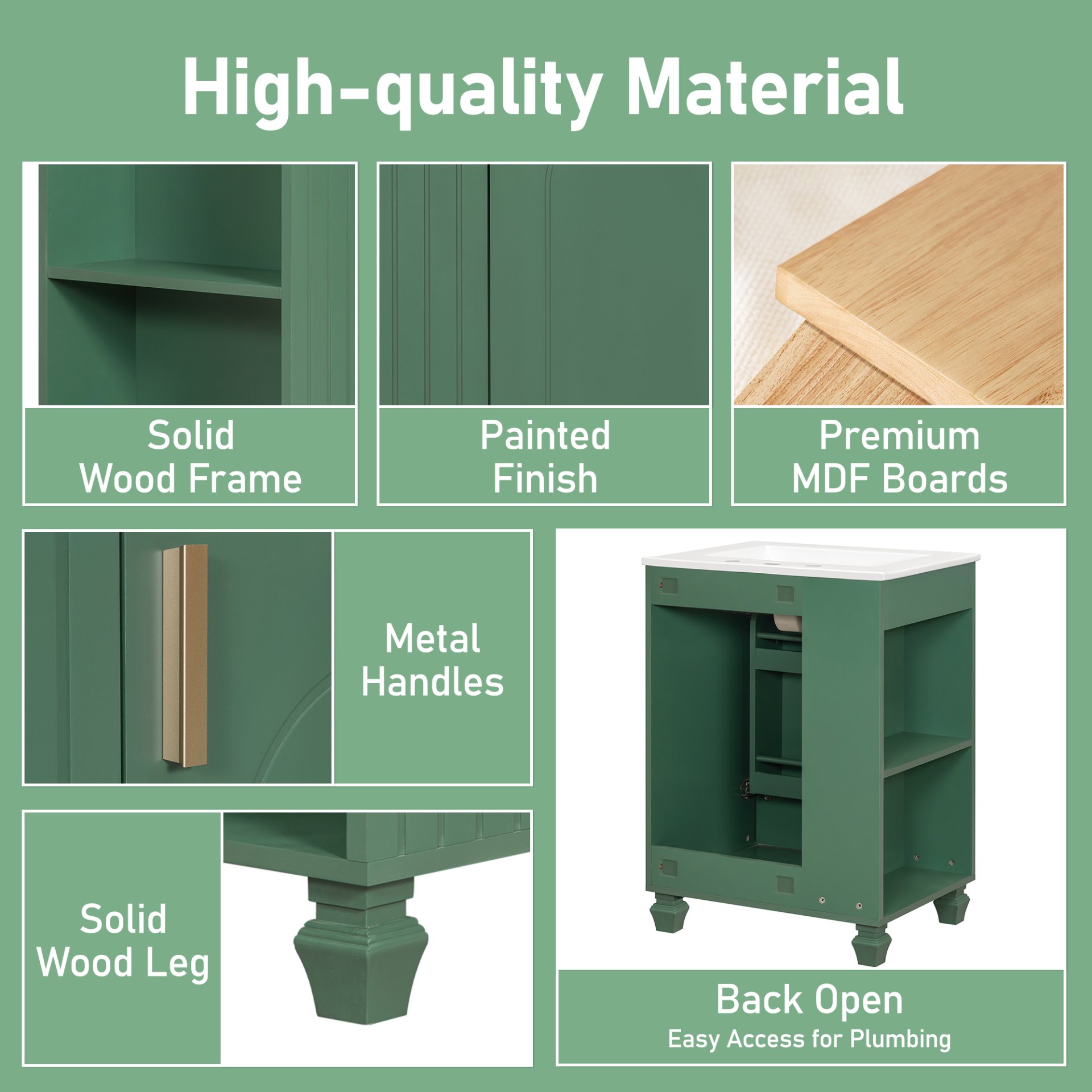 Classic Retro 24" Bathroom Vanity With Sink, Door Shelf, Side Open Storage Frame - Green - Image 7