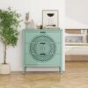 3 Drawer Storage Cabinet With Hollow Carved Design And Metal Handles, Chest For Entryway, Living Room Or Bedroom - Light Green - Image 2