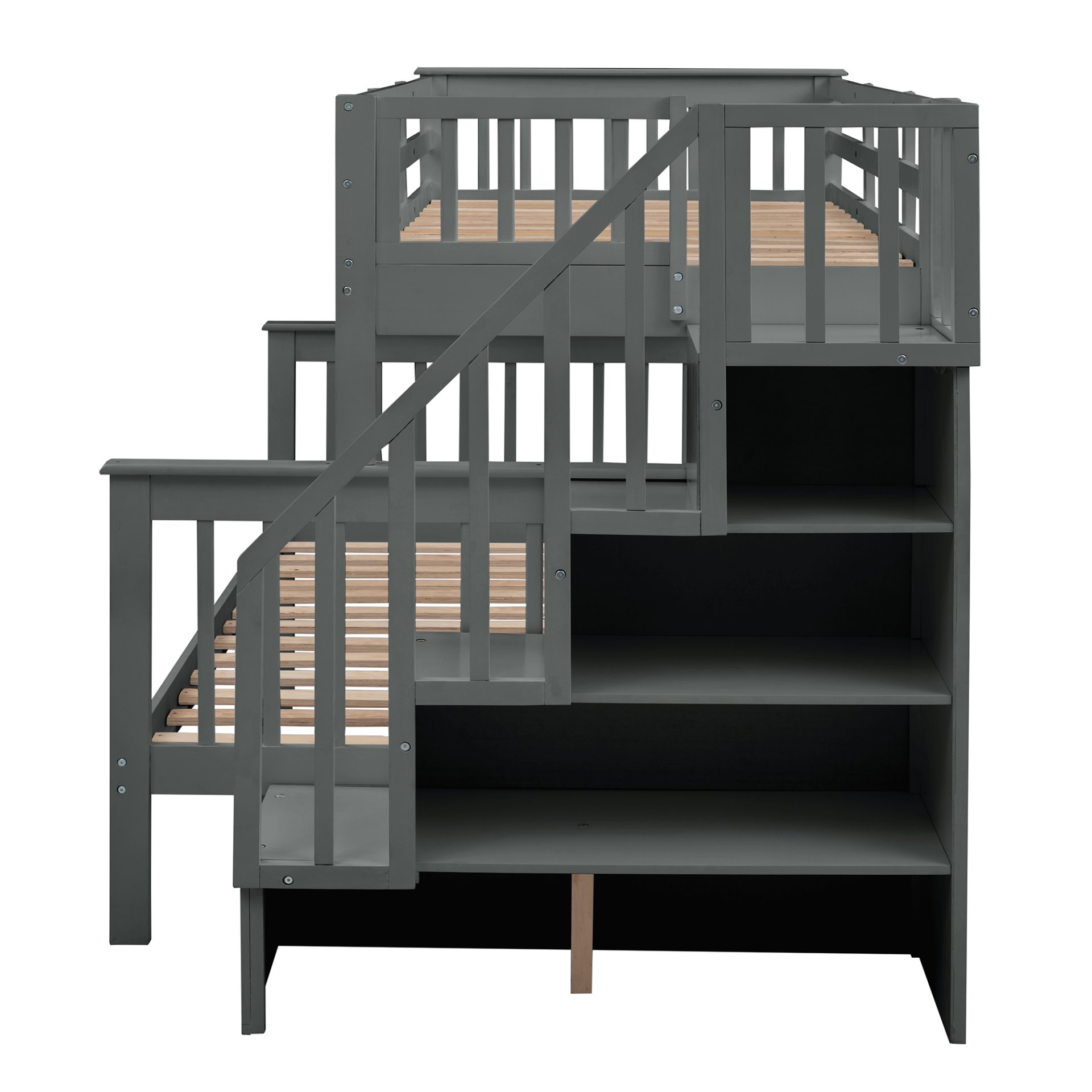 Twin Over Full Bunk Bed Stairway With Storage And Guard Rail For Bedroom - Gray - Image 9