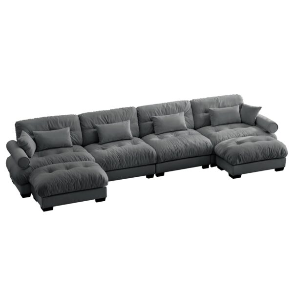 Modern Velvet U Shaped Sectional Sofa With Movable Ottomans And Pillows - Gray