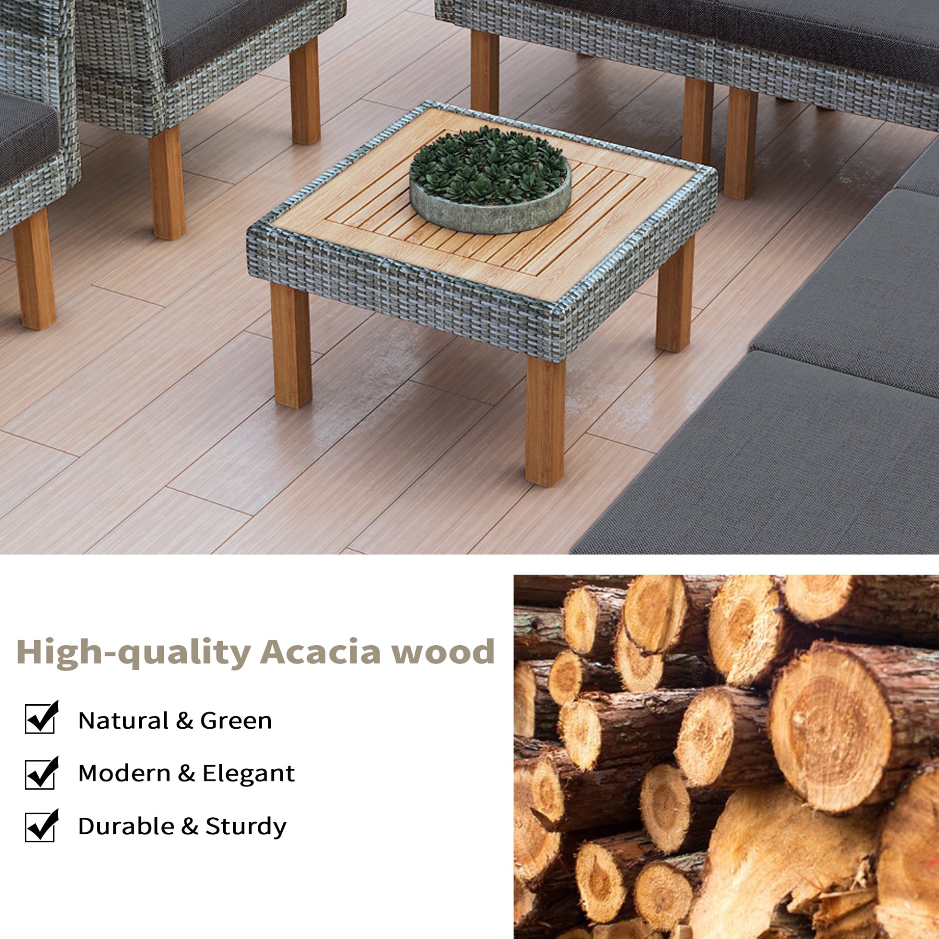 9 Piece Patio Rattan Furniture Set, Outdoor Conversation Set With Acacia Wood Legs And Tabletop, PE Rattan Sectional Sofa Set With Coffee Table, Washable Cushion - Gray - Image 4