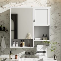 Modern Wall Mounted Bathroom Medicine Cabinet, Bathroom Wall Storage Cabinet With Mirror, Over The Toilet Space Saver Cabinet With Towels Bar - White