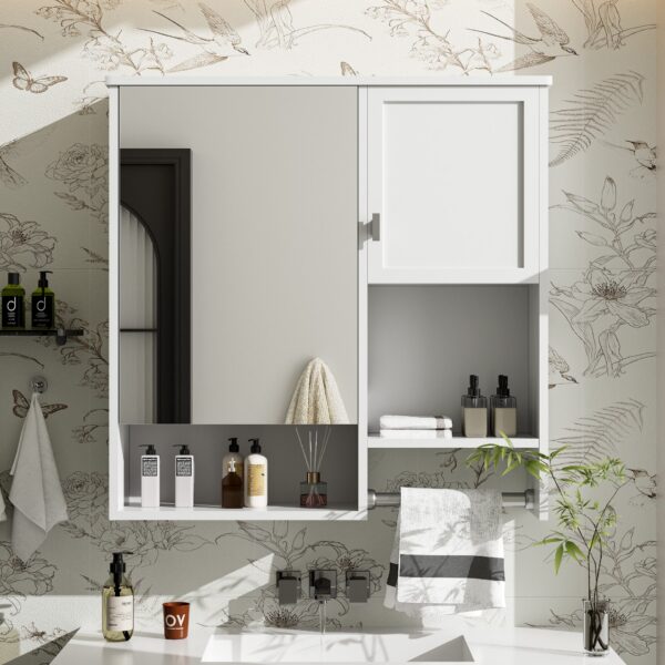 Modern Wall Mounted Bathroom Medicine Cabinet, Bathroom Wall Storage Cabinet With Mirror, Over The Toilet Space Saver Cabinet With Towels Bar - White