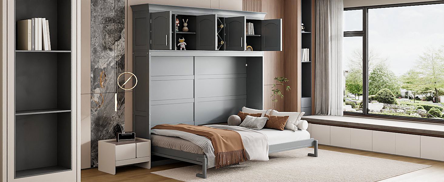 Queen Size Murphy Wall Bed With Top Cabinets & Wine Rack - Gray - Image 26