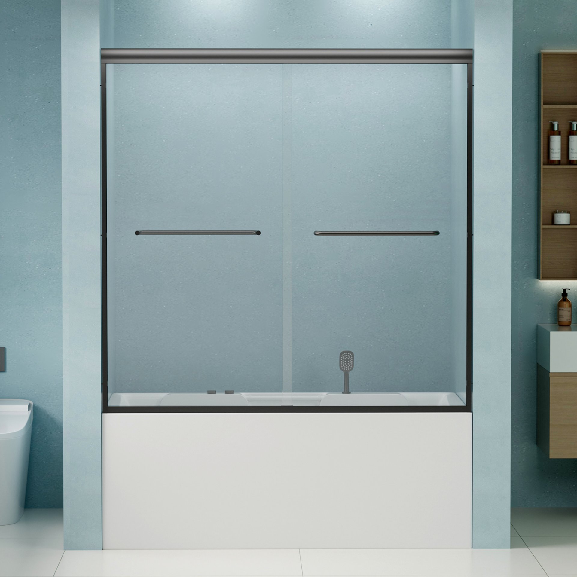 Double Sliding Bathtub Shower Door, Semi Frameless Bypass Tub Door, 1 / 4" (6Mm) Tempered Glass With Explosion - Proof Film, Adjustable Aluminum Alloy Frame - Matte Black - Image 2