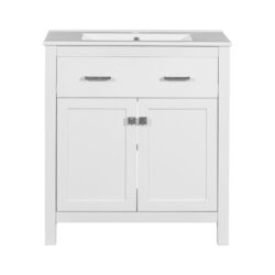 Bathroom Vanity With Ceramic Sink, Modern Single Bathroom Cabinet With 2 Doors And A Shelf, Soft Close Doors - White