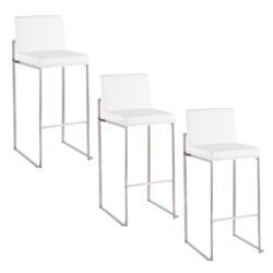 Fuji - Contemporary High Back Barstool (Set of 3) - White - Faux Leather
