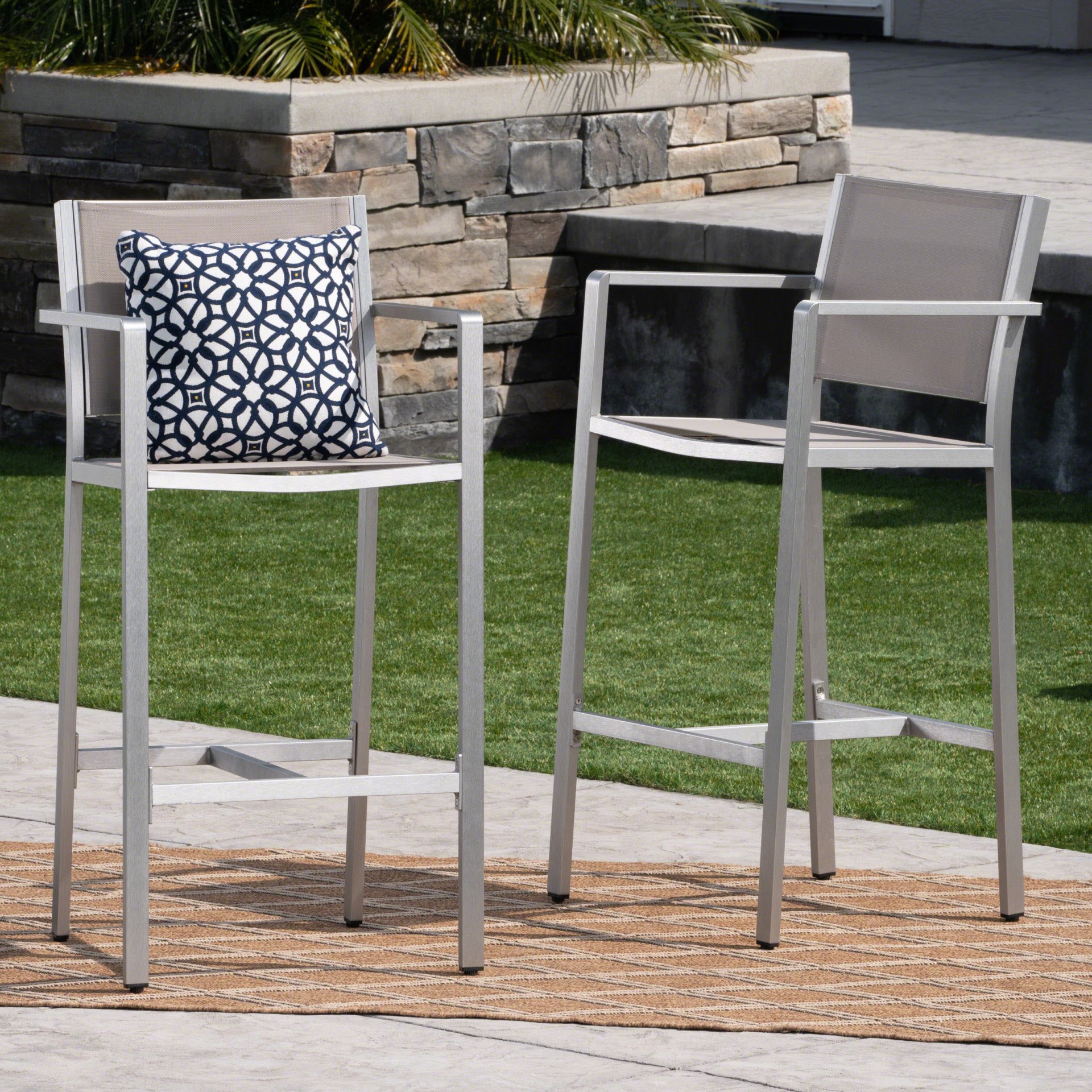 Outdoor Rust Proof Aluminum Barstools With Mesh Backrest And Seat (Set of 2) - Silver - Image 7