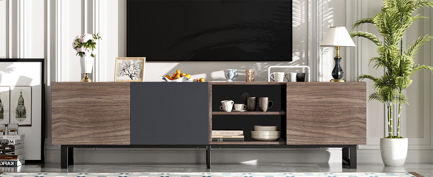 Modern TV With 3 Cabinets & Open Shelves, Color-Matching Media Console Table For Tvs Up To 80'', Entertainment Center With Drop Down Door For Living Room - Dark Brown - Image 25