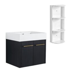 Modern Wall Mounted Bathroom Vanity With Resin Sink And Storage Rack Plywood - Black Chestnut