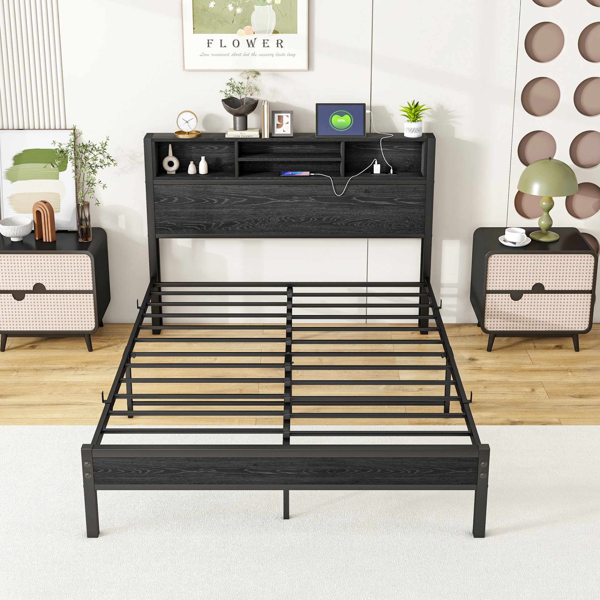 Modern Full Size Metal Platform Bed Frame With Storage Headboard And Charging Station - Black - Image 8