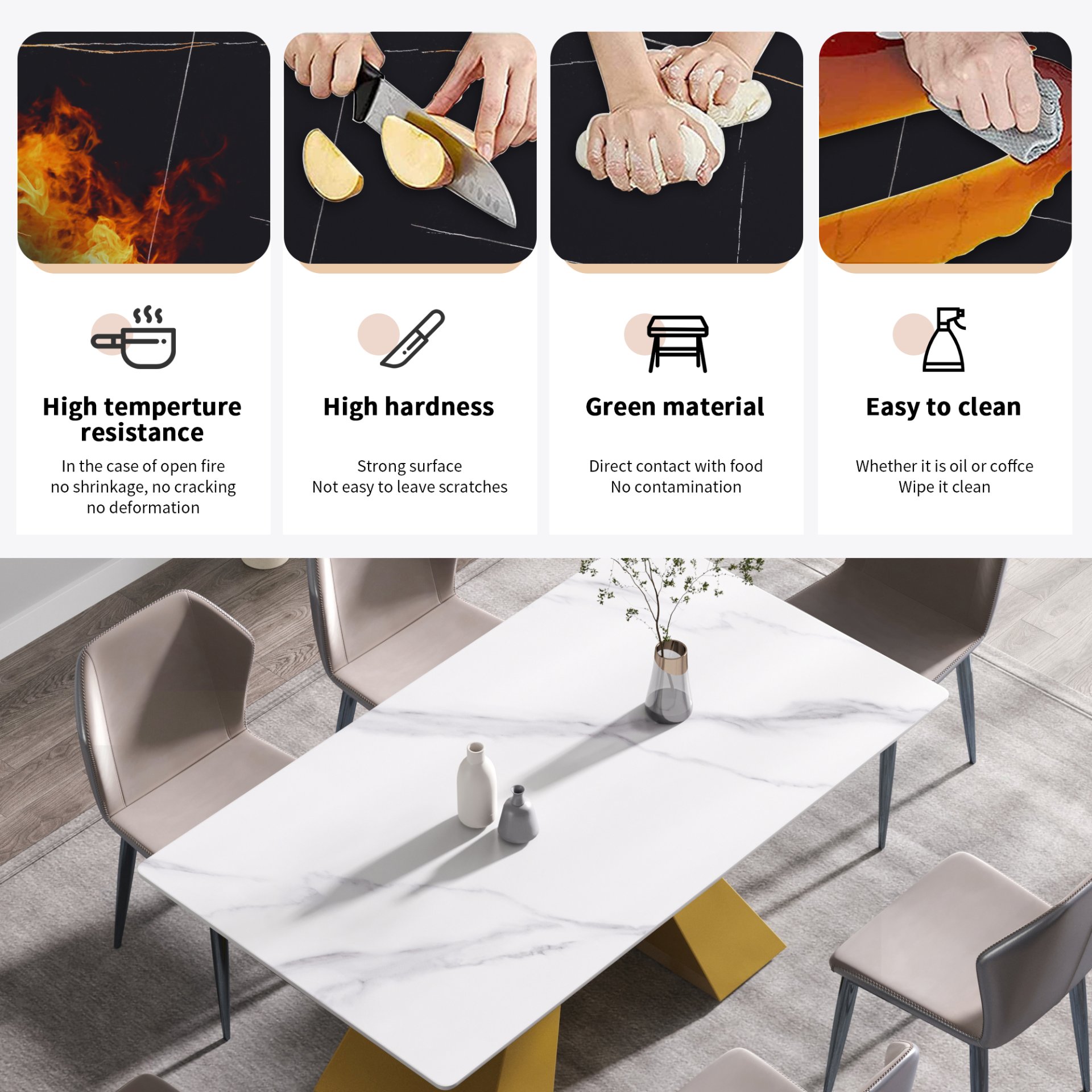63" Modern Artificial Stone Straight Edge Golden Metal Leg Dining Table - White / Gold - Image 9