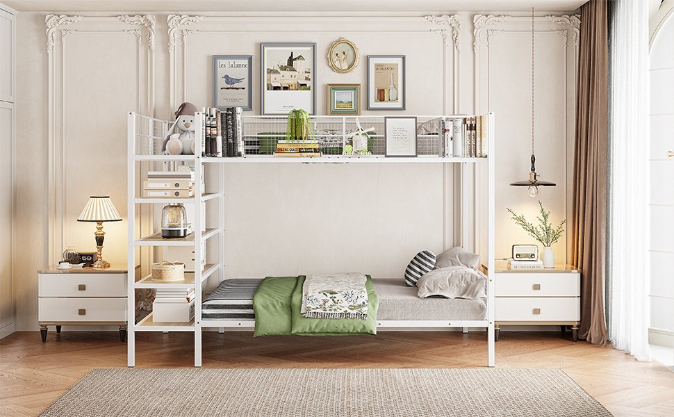 Twin Over Full Bunk Bed With 5 Tier Shelves - White - Image 16