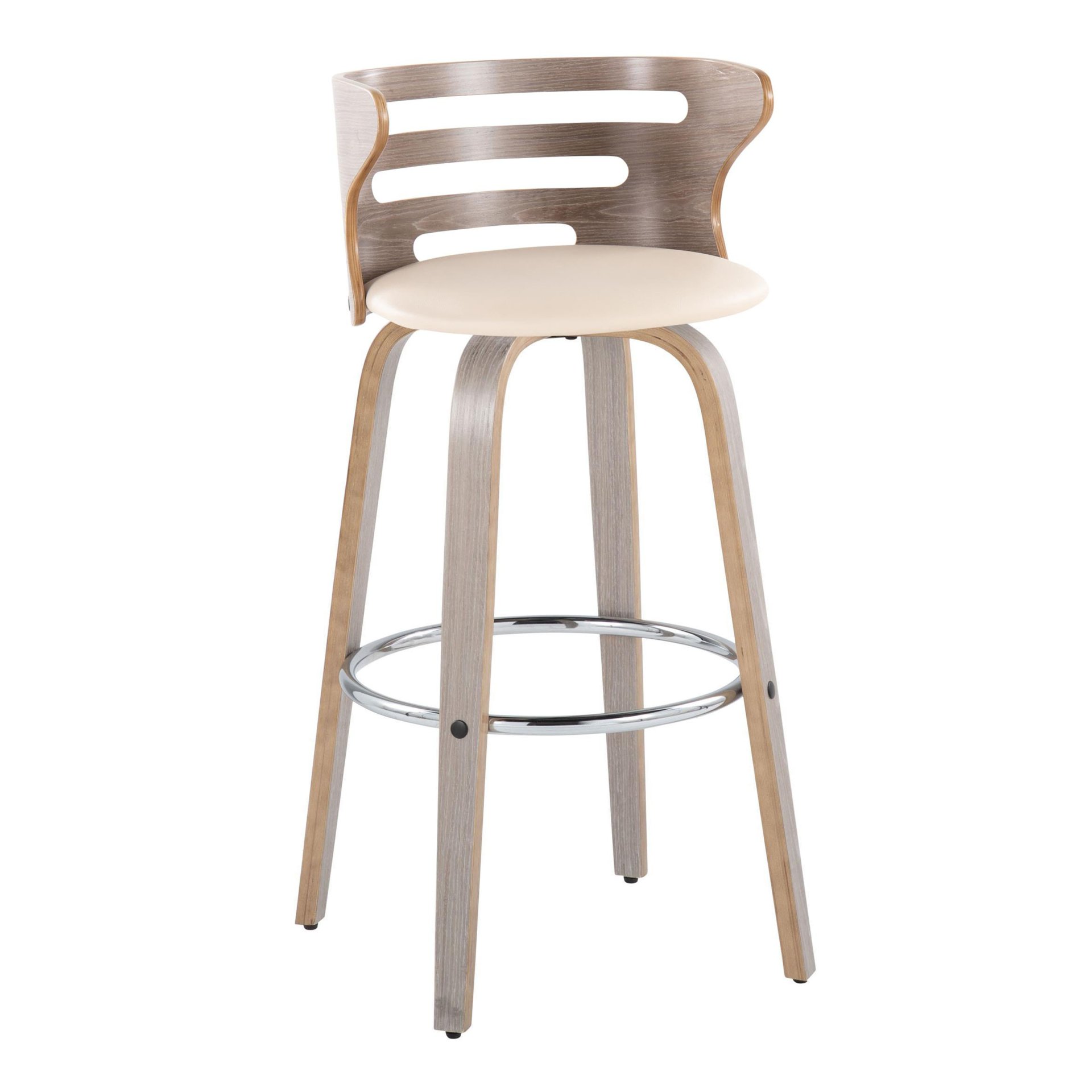 Cosini - Mid-Century Modern Fixed Height Barstool With Swivel With Round Footrest (Set of 2) - Light Gray / Cream - Image 2