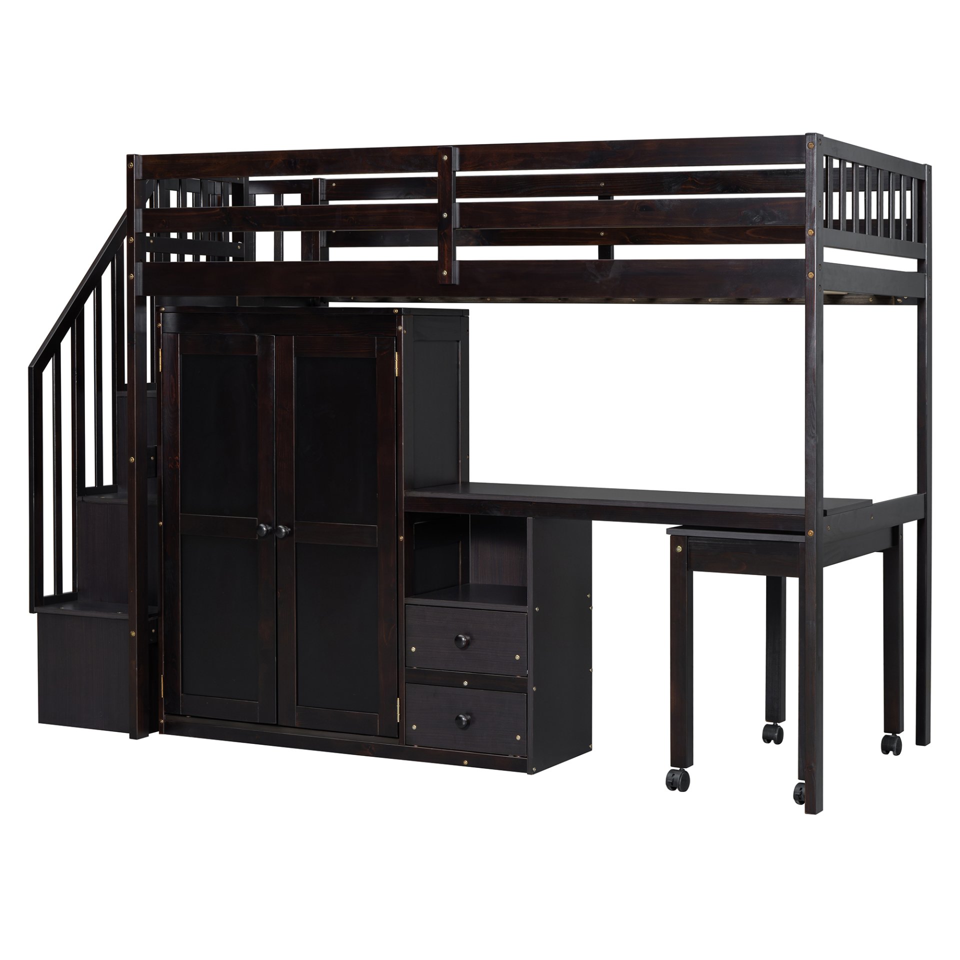 Twin Size Loft Bed With Stairs, Bookshelf, Drawers, Desk & Wardrobe, Space Saving Multifunctional Furniture - Espresso - Image 4