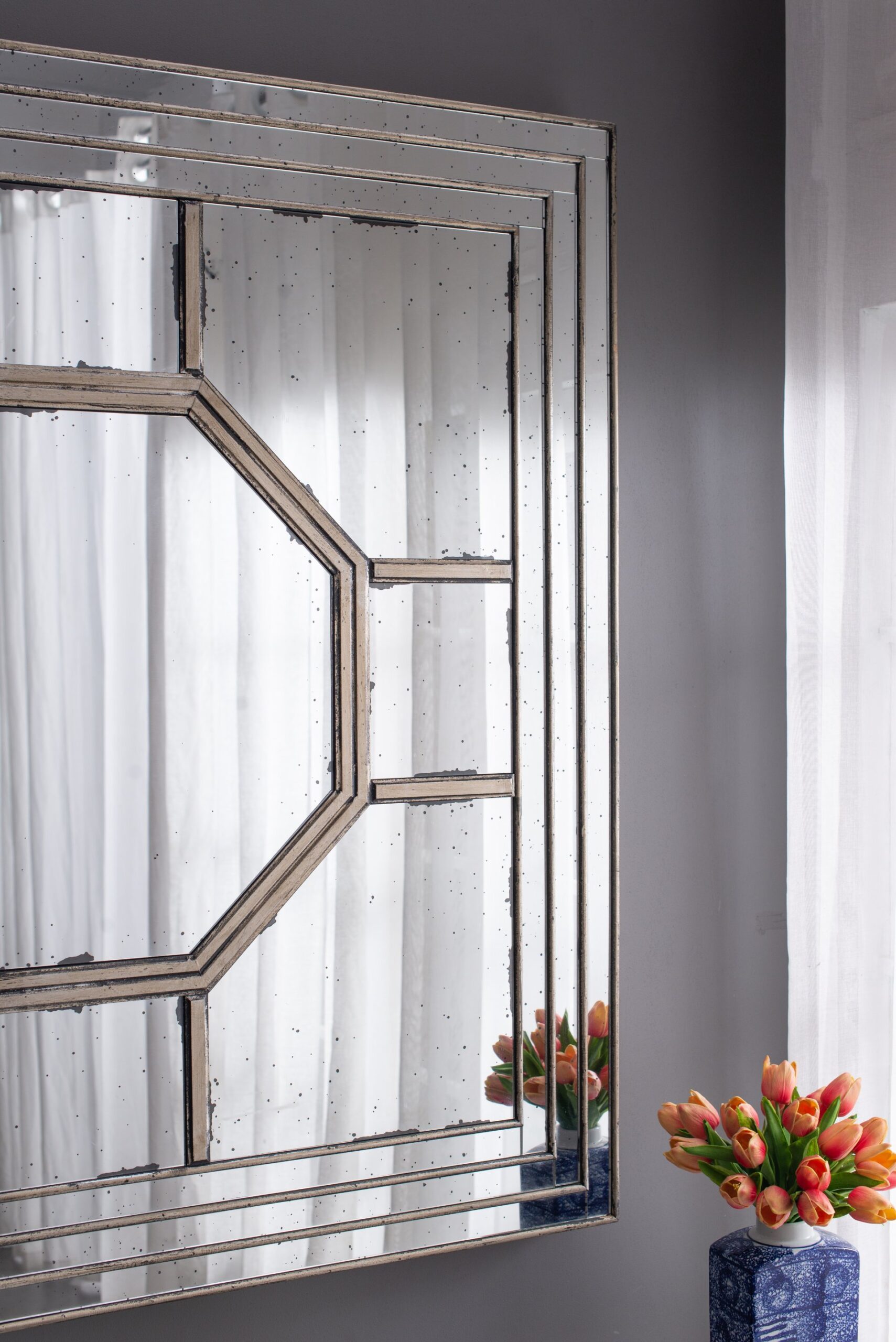 Antique Style Decorative Square Wall Mirror With Mirrored Frame, Wall Decor For Living Room Entryway, Console Lean Against Wall - Silver - Image 10