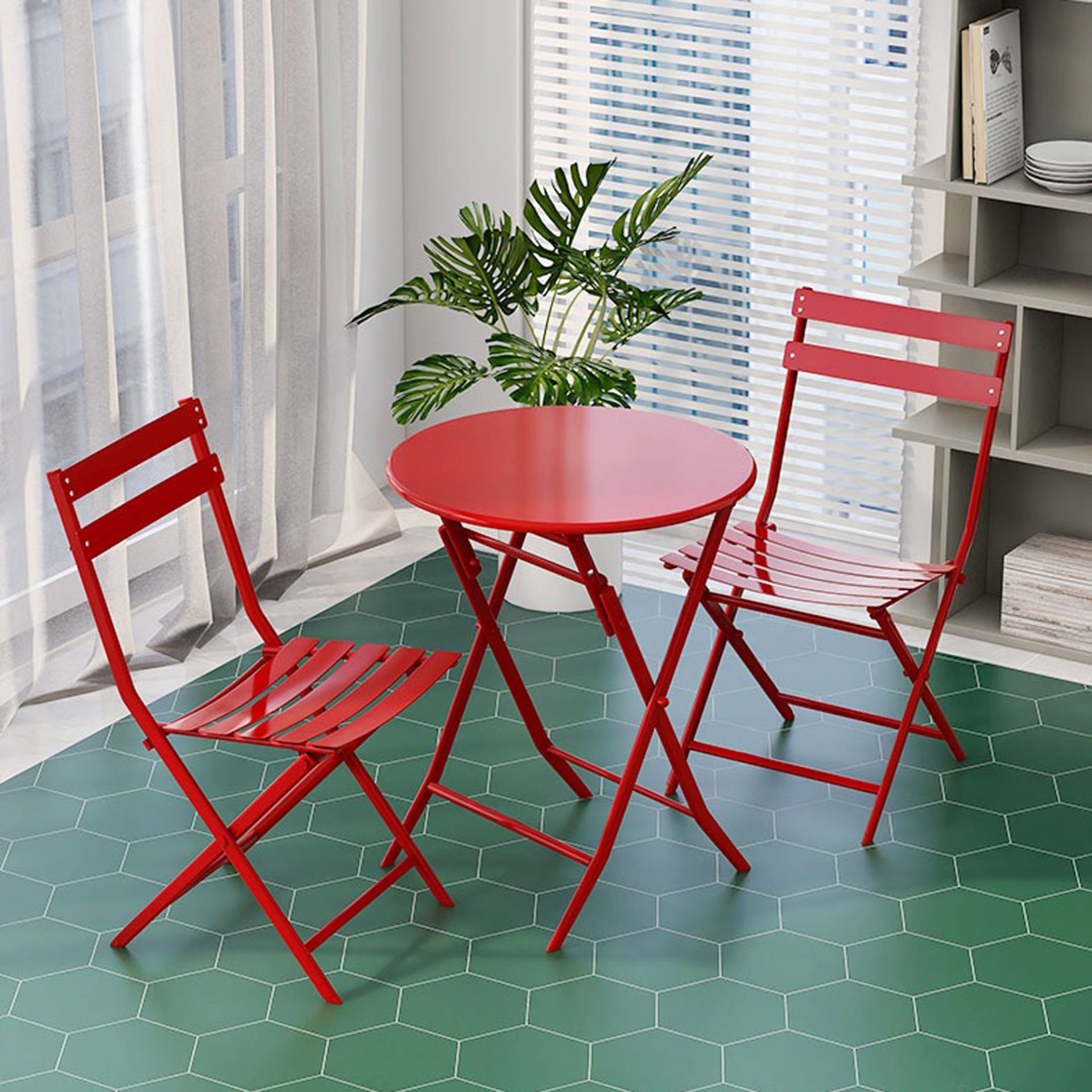 3 Piece Patio Bistro Set Of Foldable Round Table And Chairs - Red - Image 9