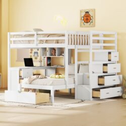 Full Over Twin Bunk Bed With Desk, Drawers And Shelves - White