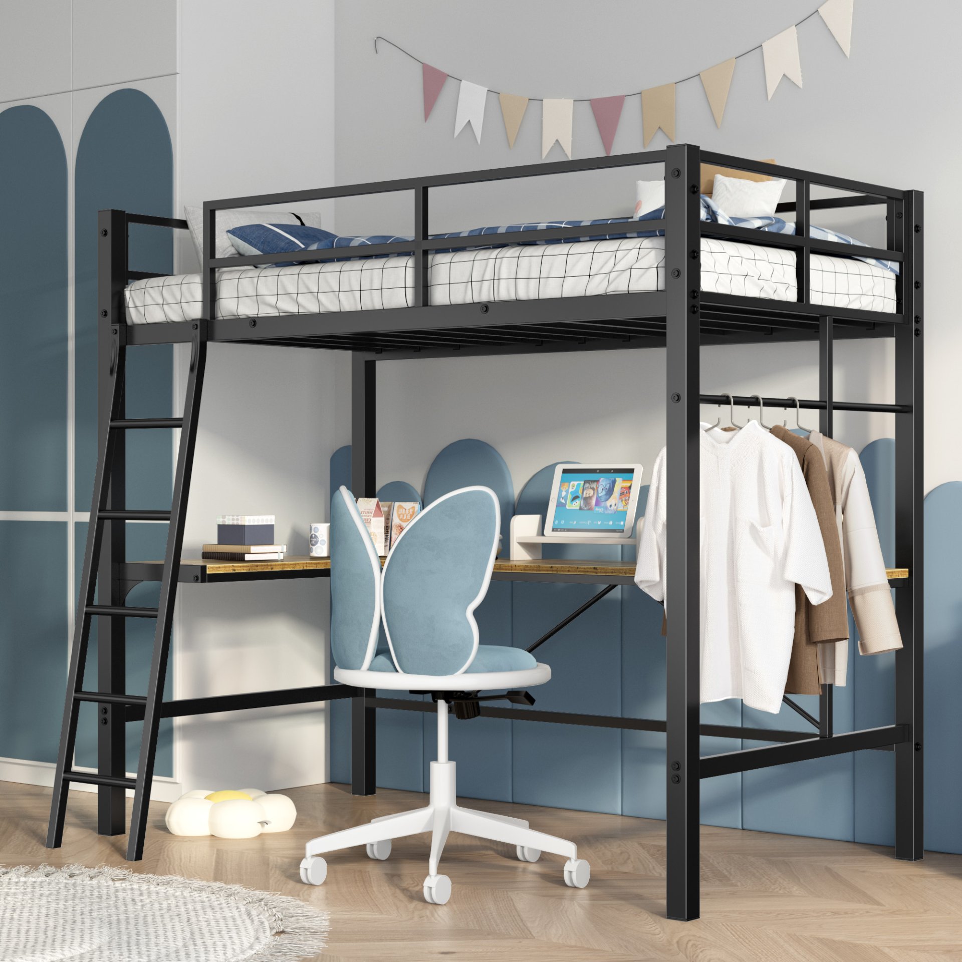 Twin Metal Loft Bed With L - Shaped Desk, Charging Station Loft Bed Frame Twin Size, Safety Guard & Ladder, No Box Spring Needed - Black - Image 2
