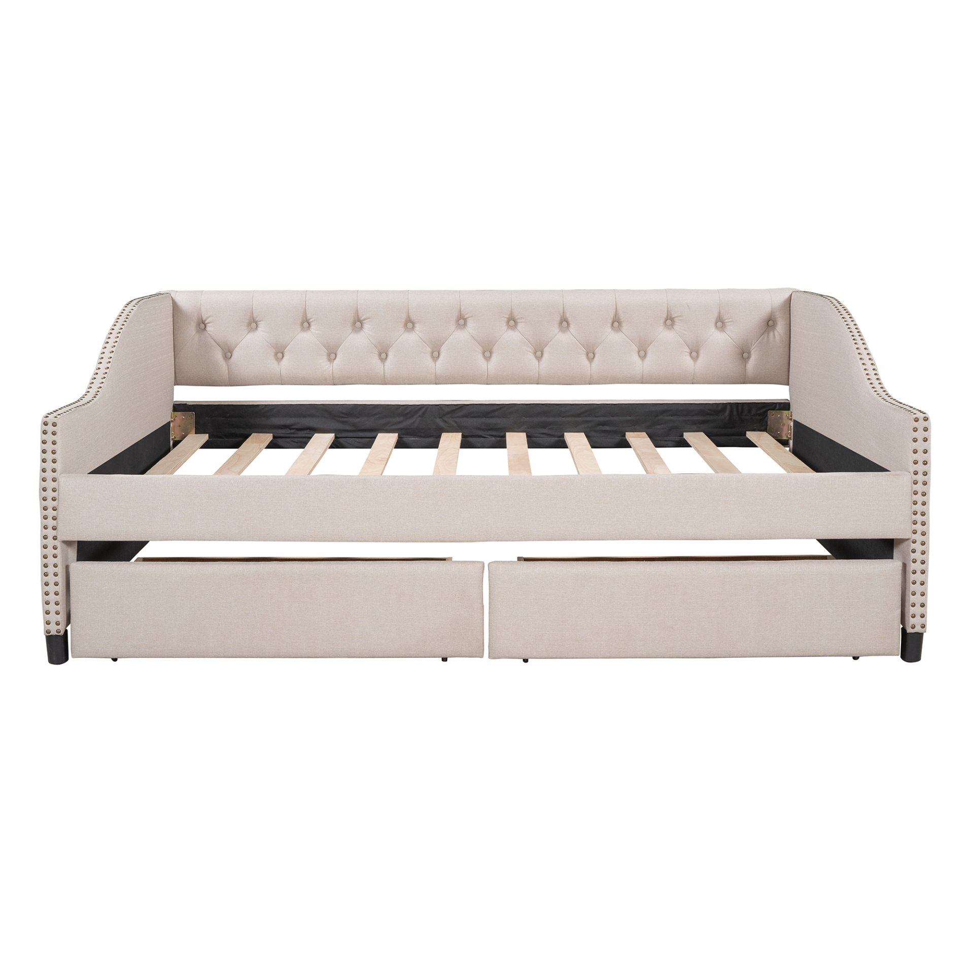 Full Size Upholstered Daybed With Two Drawers, Slat Support - Beige - Image 3