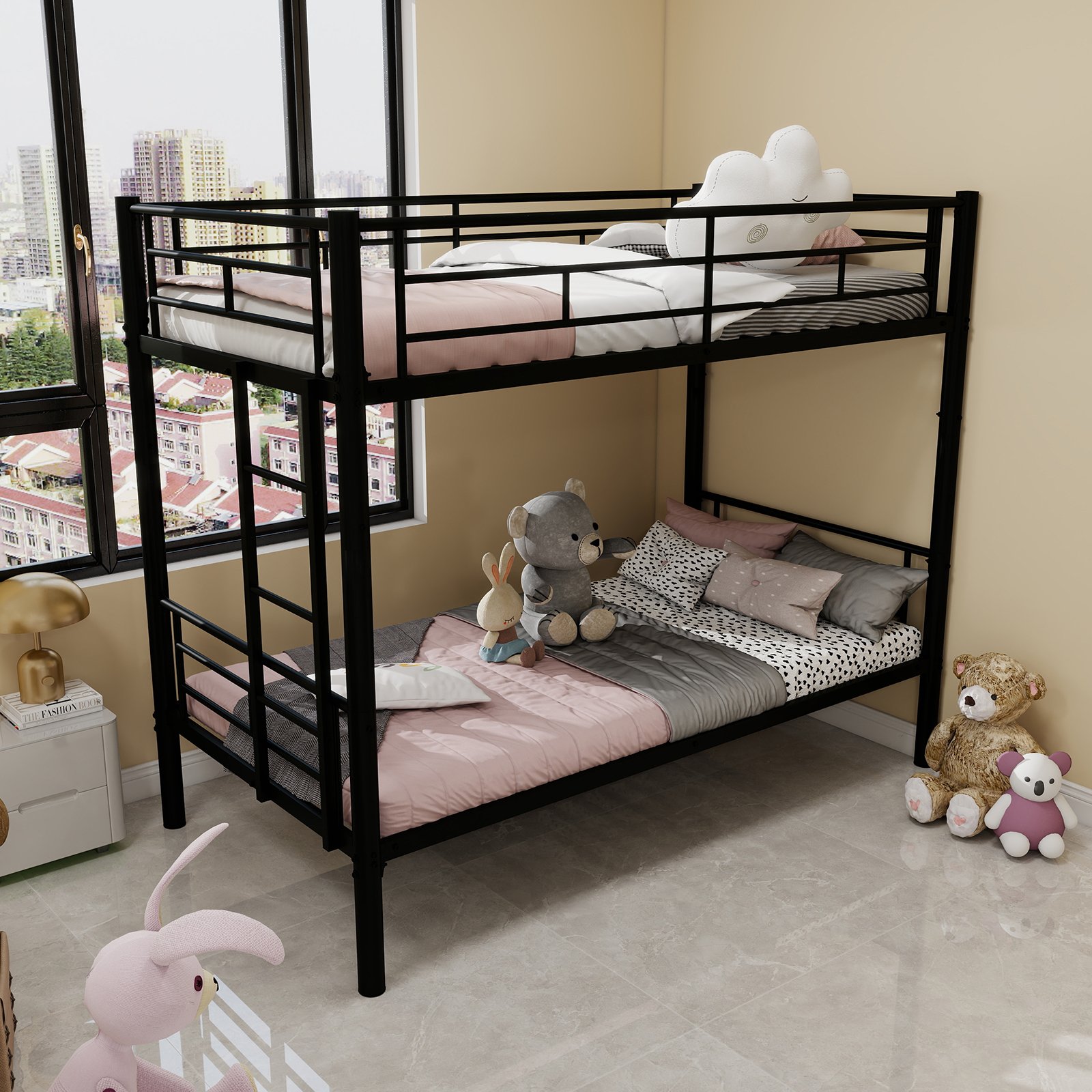 Twin Over Twin Bunk Bed For Kids, Convertible Frame With Ladders & Guardrail - Black - Image 9