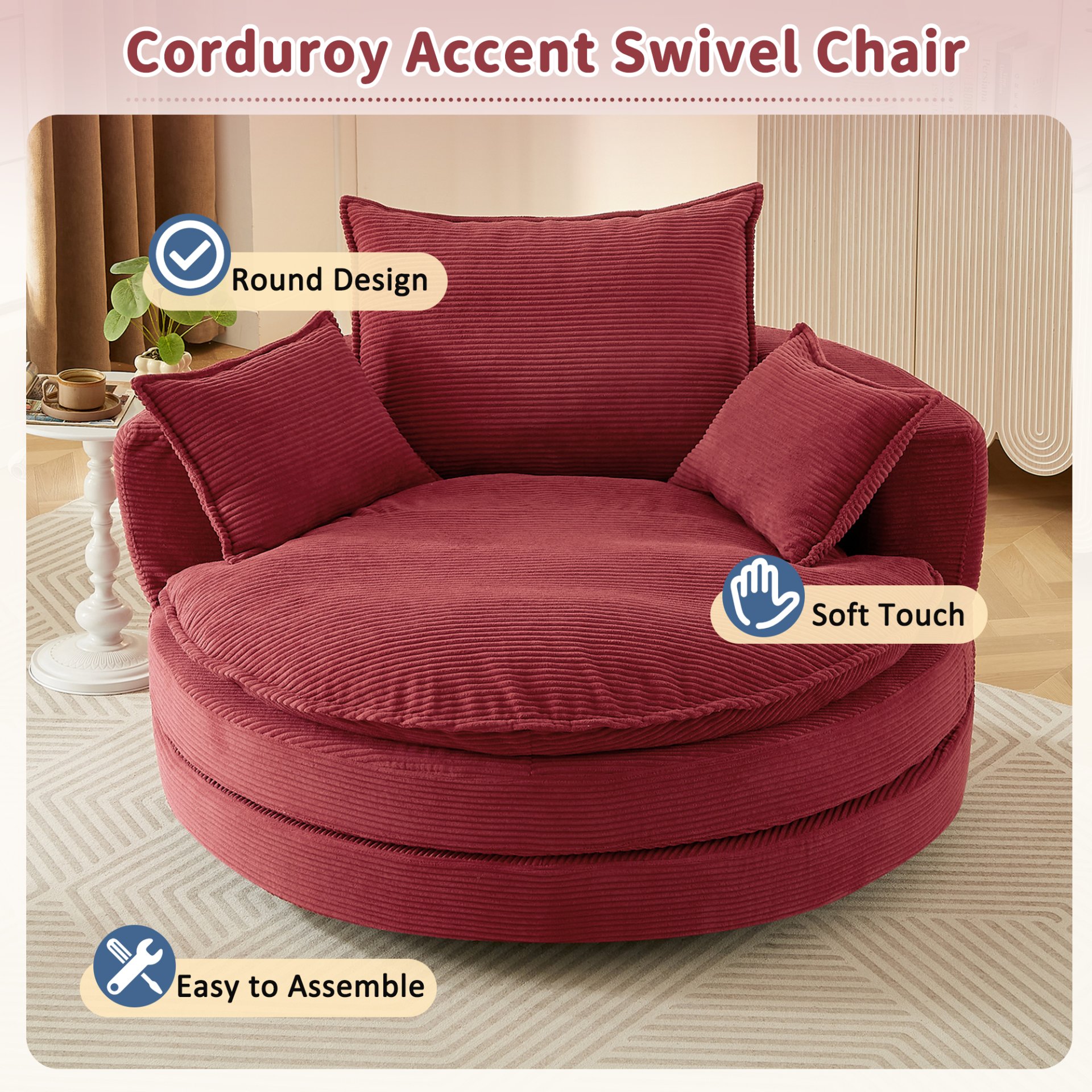 360° Swivel Sofa Chair Accent Barrel Chair With Dual Layer Cushion And Removable Pillows - Red - Image 7