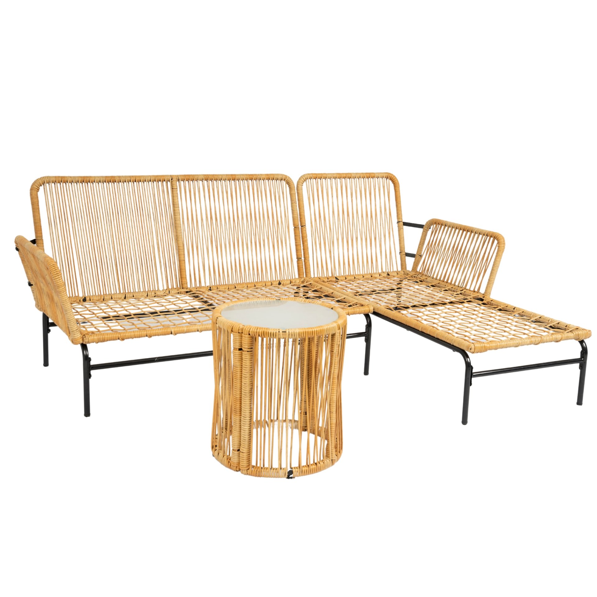 3 Pieces Outdoor Patio Wicker Furniture Sets Table And Chairs With Thick Cushion Outdoor Sofa Set Wicker And Cushion - Natural Yellow / Creme - Image 9