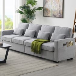 4 Seater Modern Linen Sofa With Armrest Pockets And 4 Pillows, Minimalist Style Couch - Light Gray