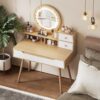 Elegant Makeup Vanity Desk With Adjustable Lighted Mirror Table Feet - American White Oak - Image 7