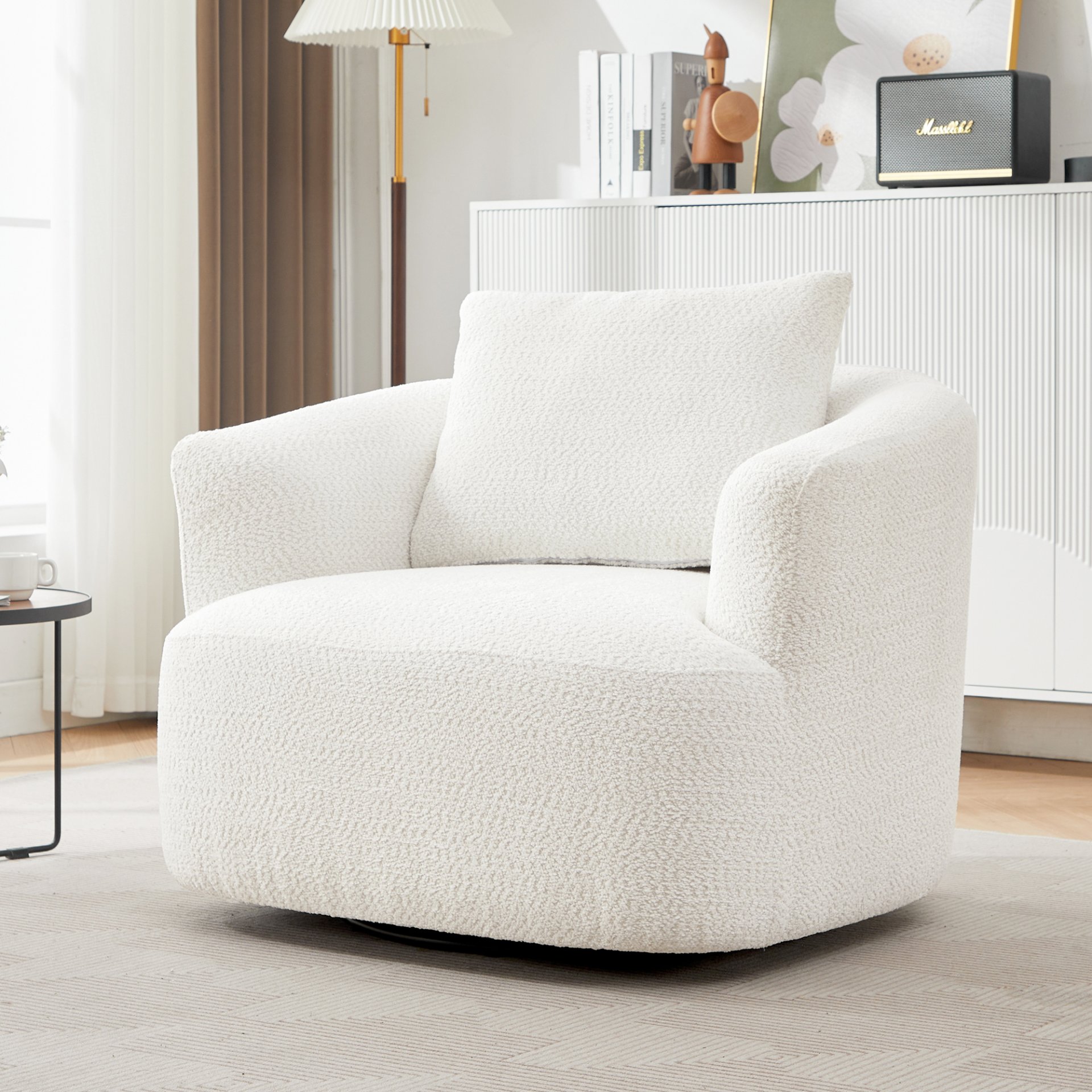 360° Swivel Barrel Sofa Chair With Throw Pillow, Chenille Upholstered Accent Chair - Beige - Image 6