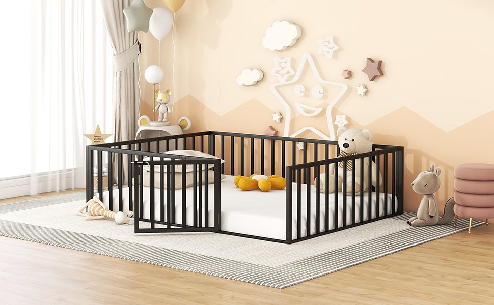 Queen Size Floor Bed Frame With Fence And Door - Black - Image 12