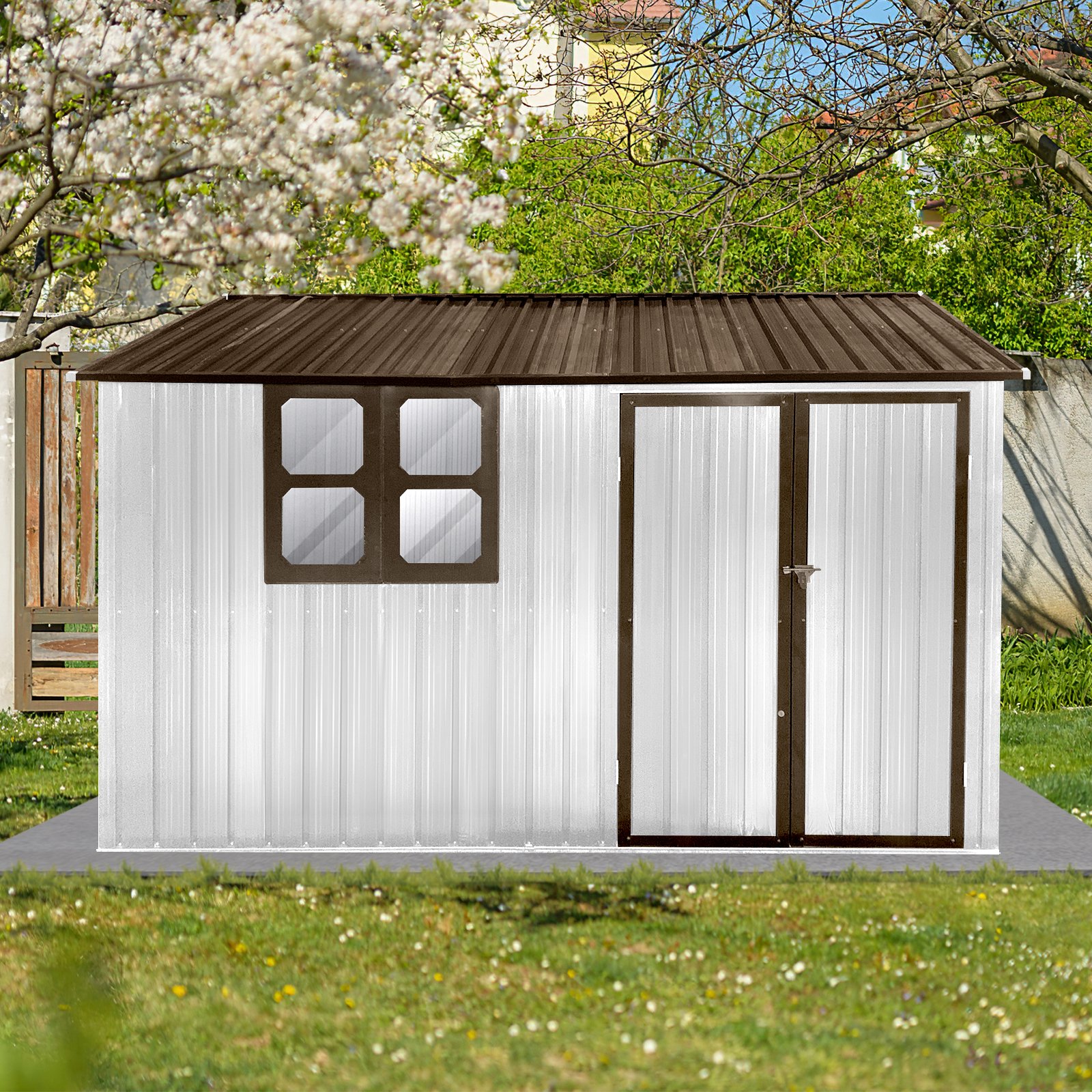 10'x8' Garden Sheds Outdoor Storage Sheds With Window - White / Coffee - Image 5