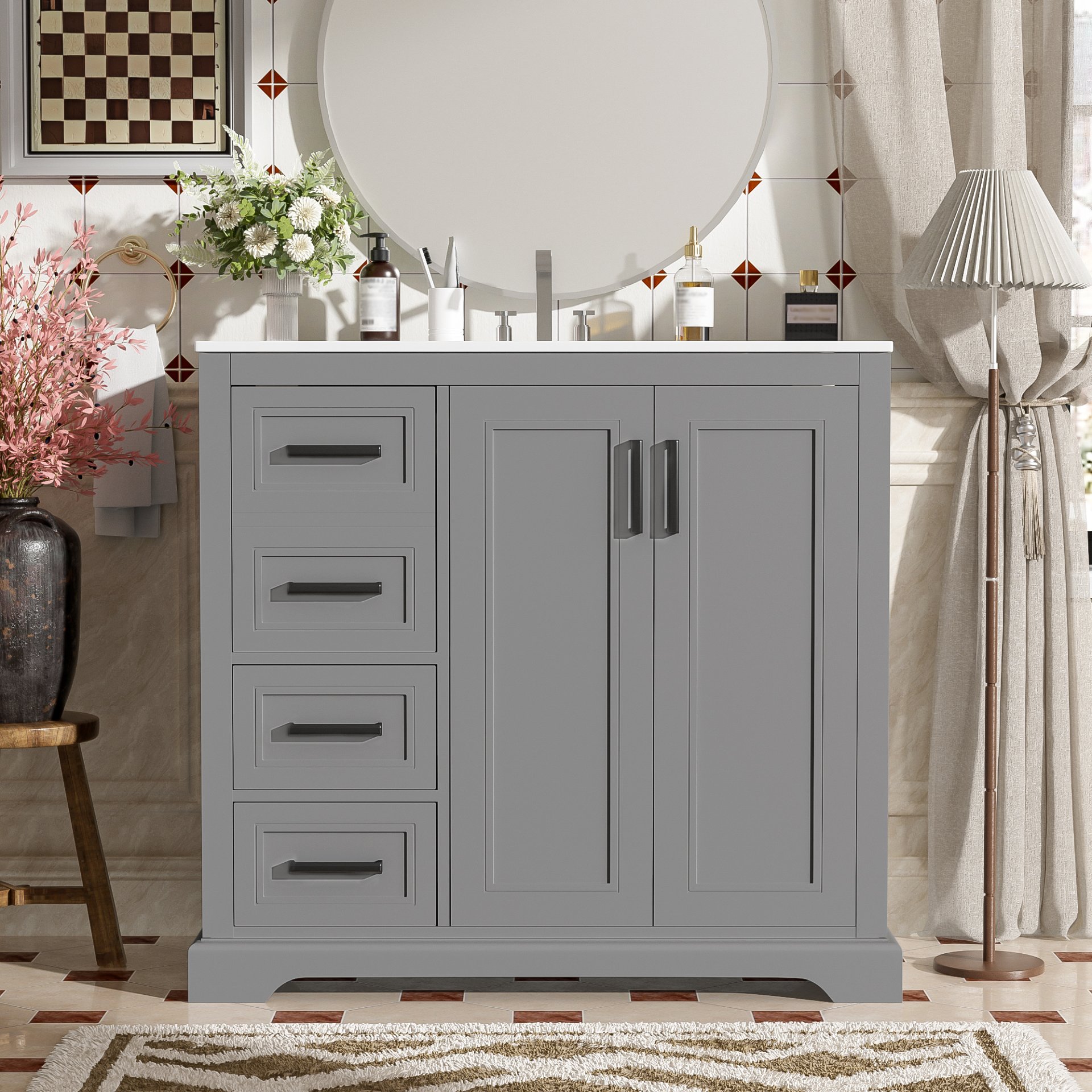 36" Bathroom Vanity With Sink, Soft Close Doors, Adjustable Shelf & 3 Drawers - Gray - Image 2