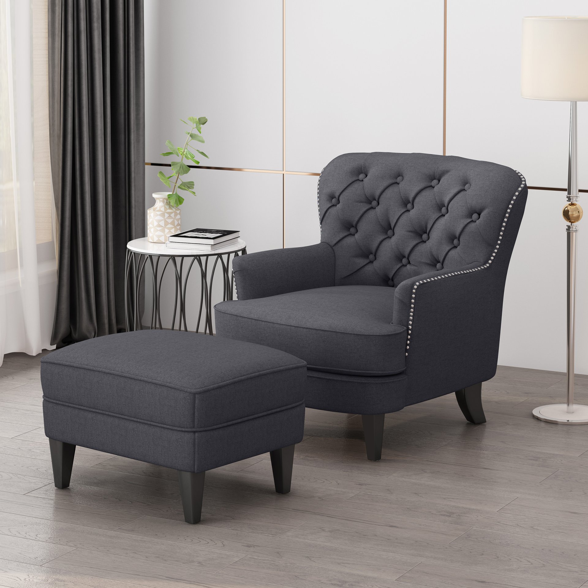 Enchante, Living Room Set With Tufted Back Club Chair And Ottoman - Gray - Image 2