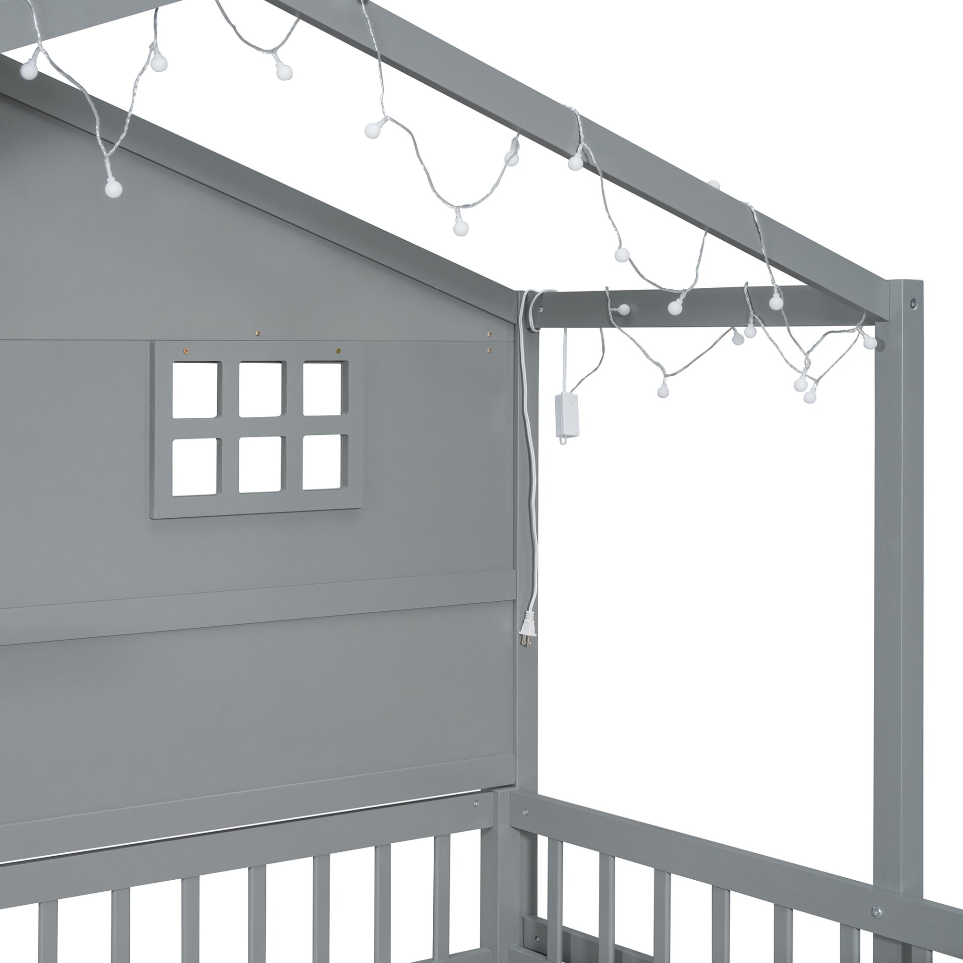 Twin Size House Bed With Shelves, Window And Sparkling Light Strip On The Roof - Gray - Image 18
