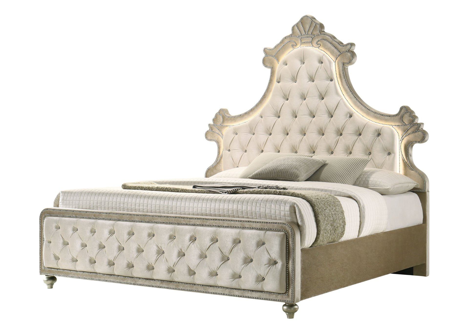 Lucienne -Queen Bed Velvet With LED - Beige - Image 3