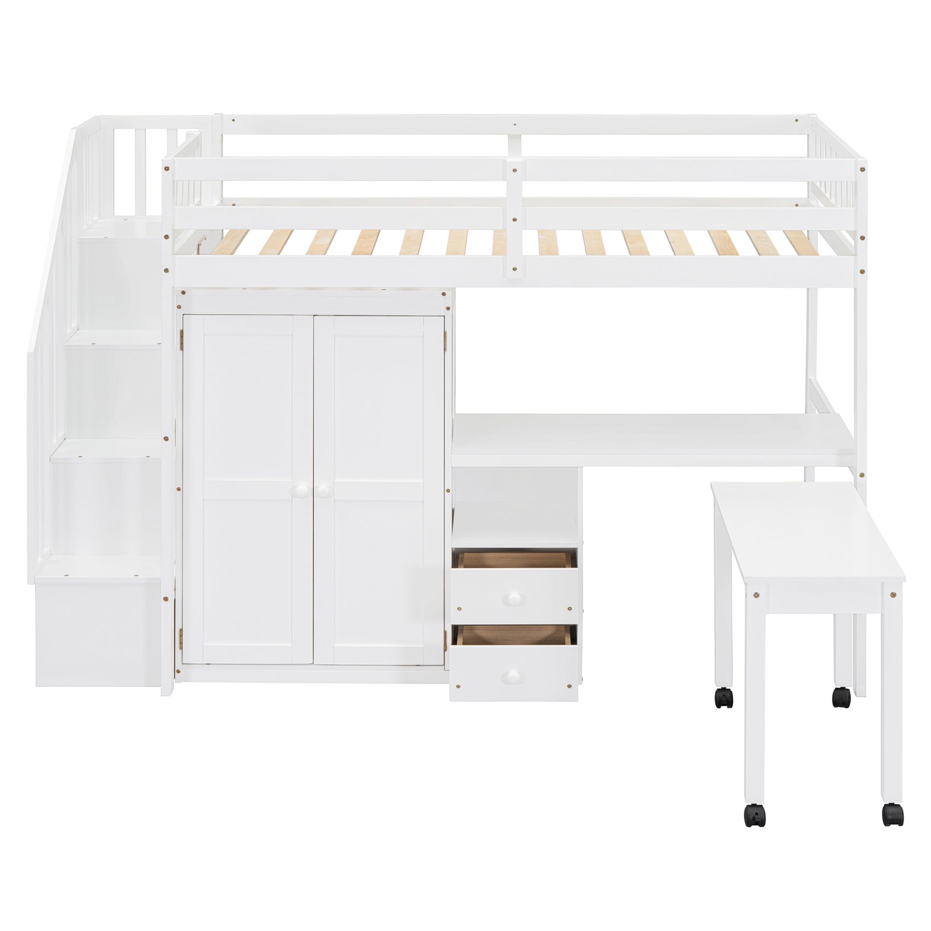 Twin Size Loft Bed With Stairs, Bookshelf, Drawers, Desk & Wardrobe, Space Saving Multifunctional Furniture - White - Image 17