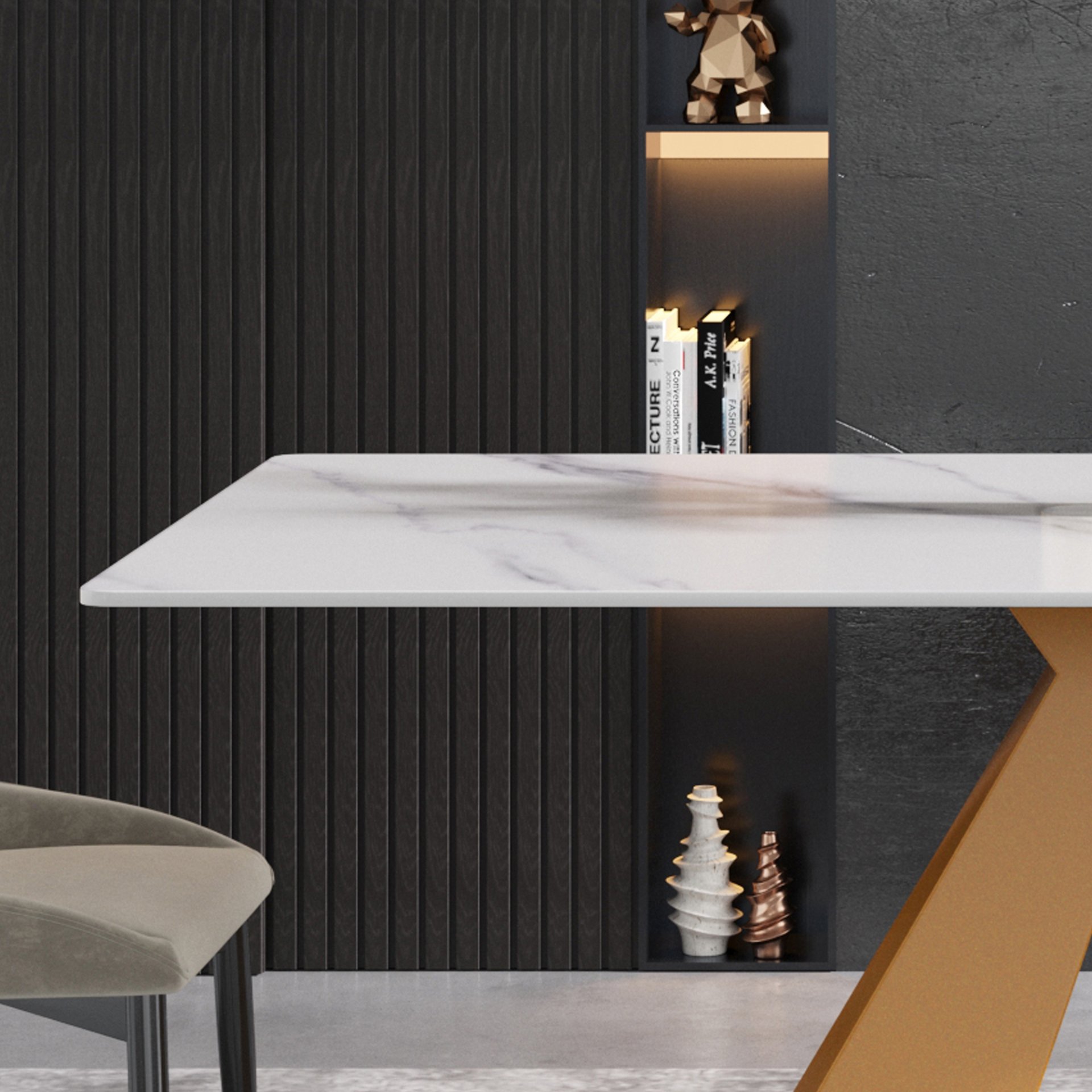 70.87" Modern Artificial Stone White Straight Edge Metal Leg Dining Table - White / Gold - Image 9