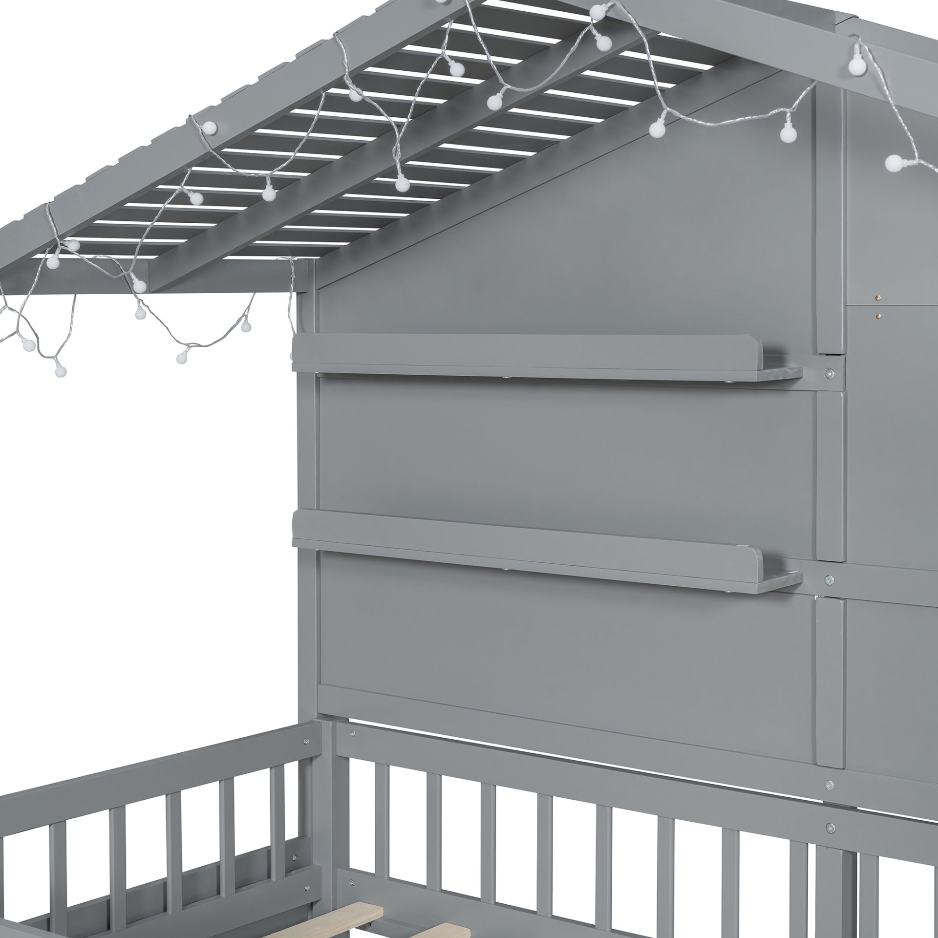 Twin Size House Bed With Shelves, Window And Sparkling Light Strip On The Roof - Gray - Image 16