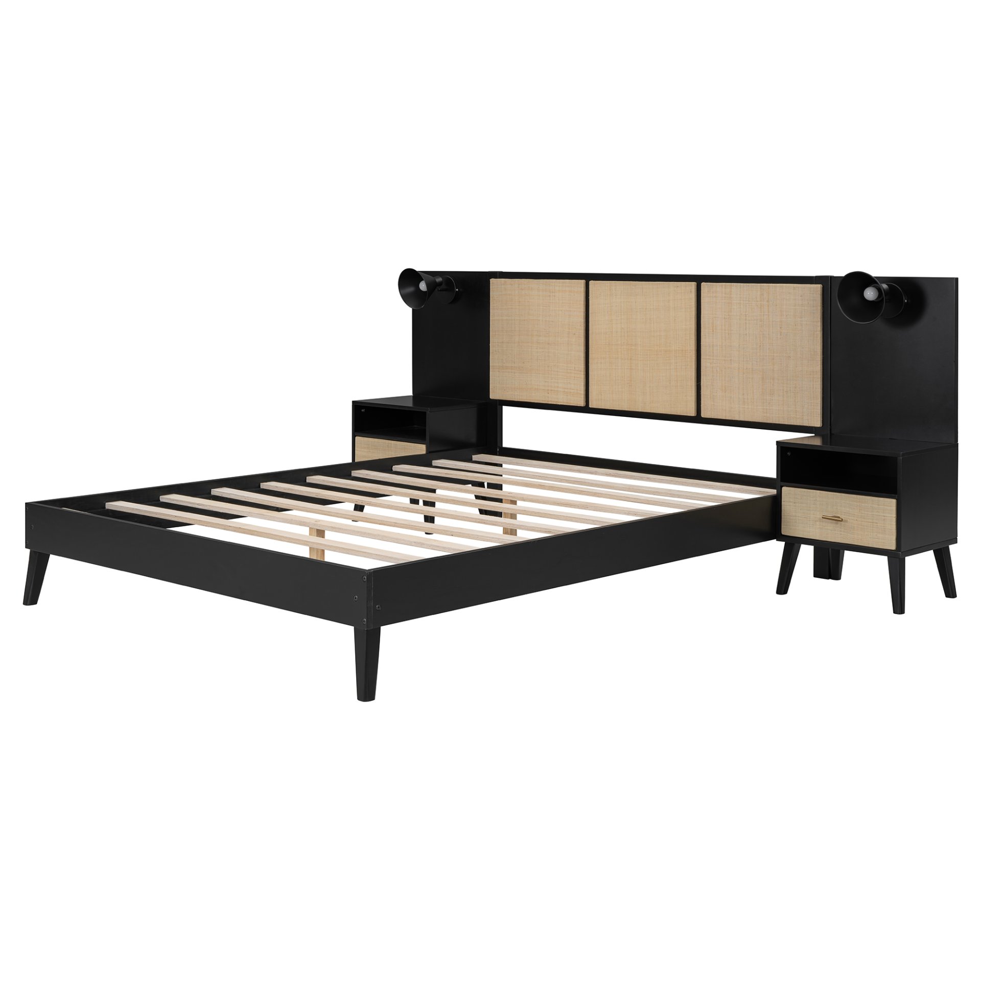 Queen Size Bed Frame With 2 Nightstands Elegant Design With Lamps - Black - Image 16