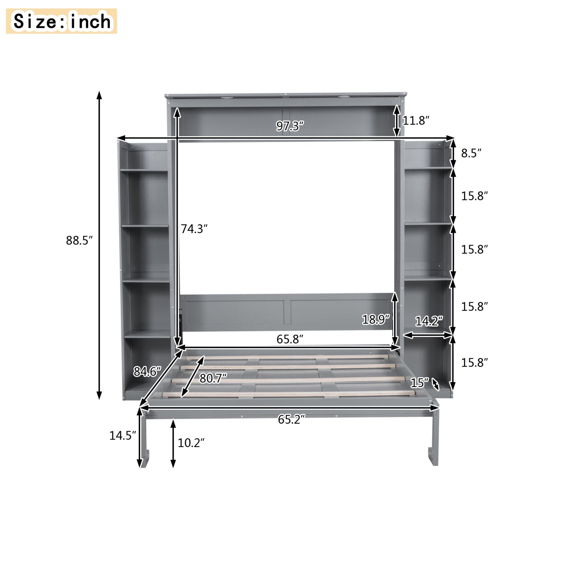Queen Size Murphy Wall Bed With Shelves And LED Lights - Gray - Image 10
